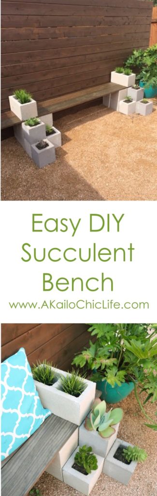 Easy DIY Succulent bench using cinder blocks and stained wood. Cheap and quick backyard garden project for beginners. Great spring garden project!