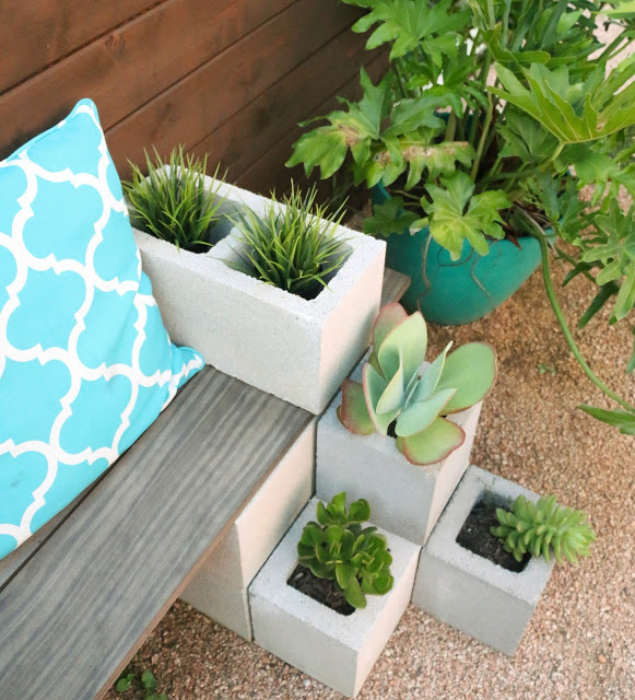Easy DIY Succulent bench using cinder blocks and stained wood. Cheap and quick backyard garden project for beginners. Great spring garden project!