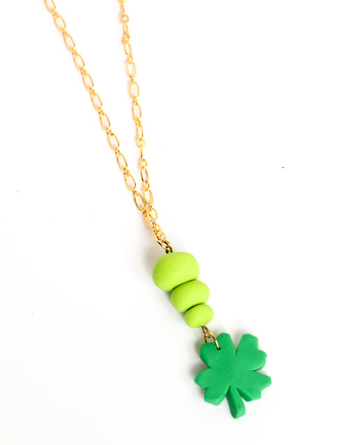Instructions on making your own polymer clay four leaf clover necklace for St. Patty's Day.