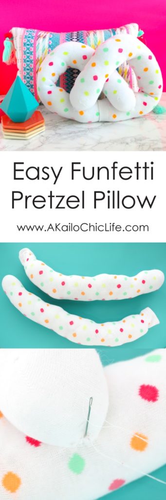 Funfetti Pretzel Pillow Tutorial - Learn how to make a confetti pretzel pillow from a pair of knee socks using only a few simple hand stitches - no sewing machine required!