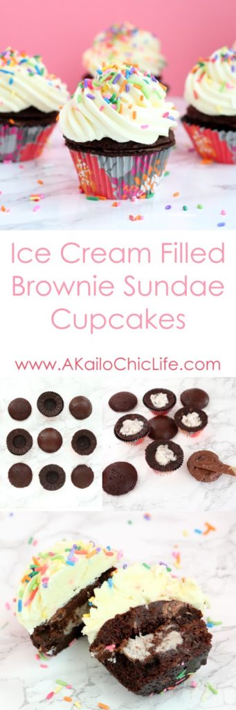 Brownie Sundae Cupcakes - Ice Cream Filled brownies topped with a whipped Vanilla Mousse