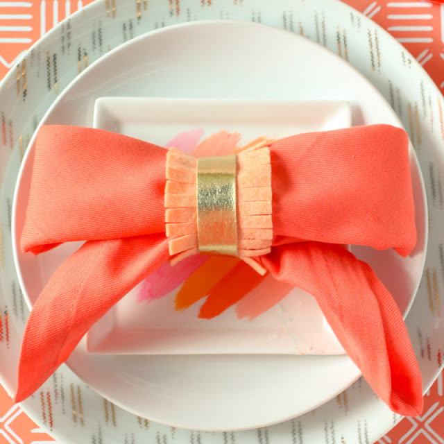 DIY Felt Fringe and Gold Napkin Rings with a Bow Folded Napkin - Dinner Party Idea - Brunch - Mother's Day - Coral and Orange Napkins