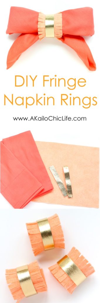 DIY Felt Fringe and Gold Napkin Rings with a Bow Folded Napkin - Dinner Party Idea - Brunch - Mother's Day - Coral and Orange Napkins
