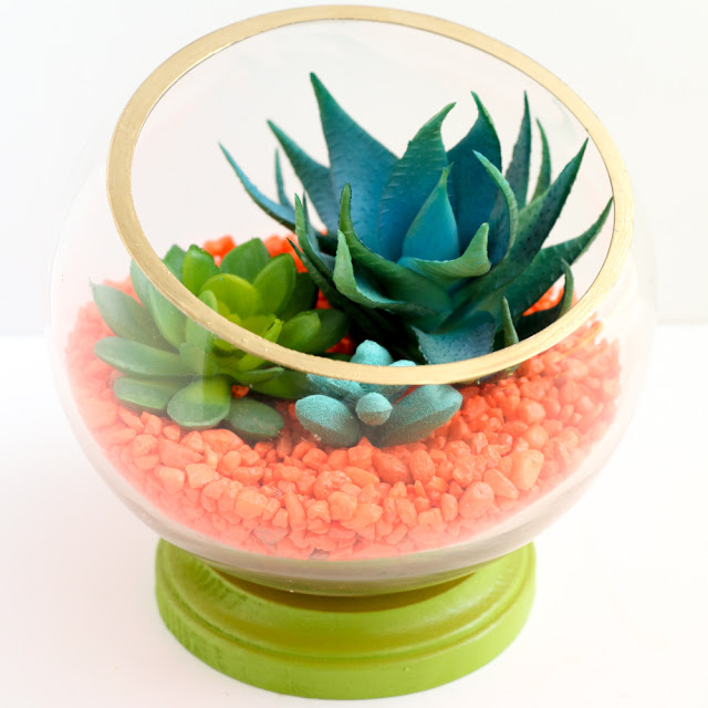 DIY Neon Footed Terrariums using faux succulents and air plants - Hot Pink - Neon Orange - Turquoise and gold - Colorful Terrariums - DIY Terrariums - Quick Craft - DIY Gift