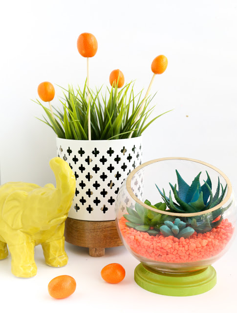 DIY Neon Footed Terrariums using faux succulents and air plants - Hot Pink - Neon Orange - Turquoise and gold - Colorful Terrariums - DIY Terrariums - Quick Craft - DIY Gift