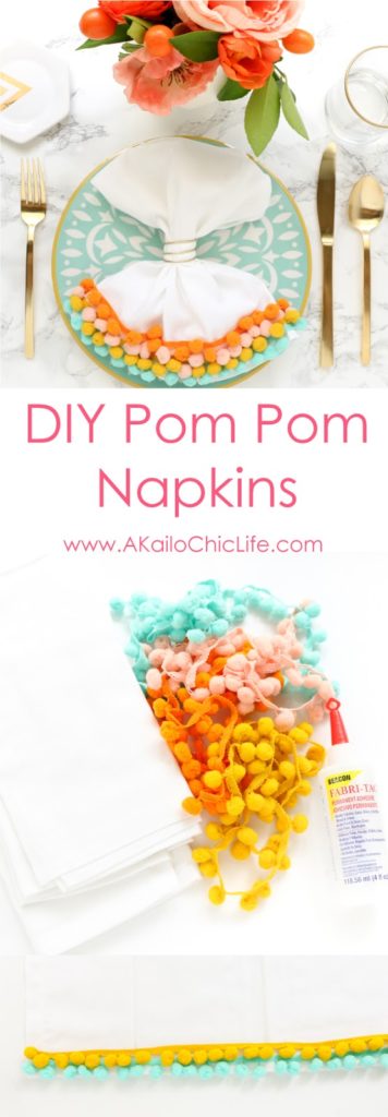 Put a pom pom on it - Easy DIY pom pom trim napkins with gold napkin ring - Home Decor - pom poms - Quick craft