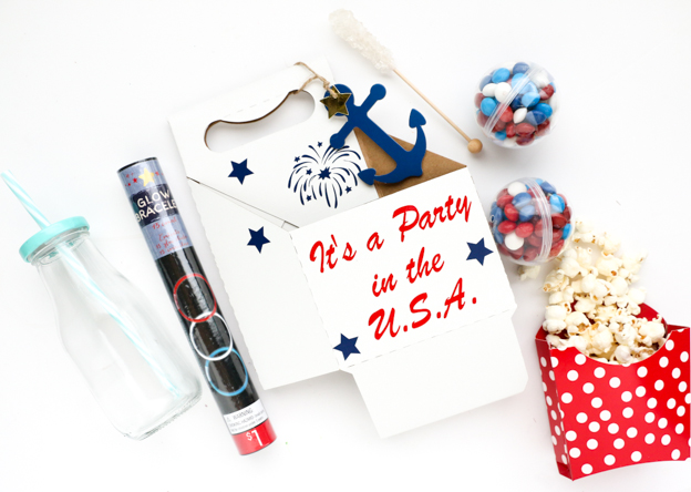 4th of July Kids treat boxes to take while watching fireworks, DIY picnic baskets, crafts, vinyl, adhesive vinyl, treat boxes, kid summer fun, silhouette cameo