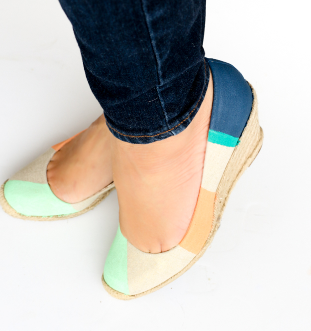 DIY Your own color blocked shoes with this easy tutorial. Acrylic Craft paint is all you need to upcycle your old plain wedges into a new fun colorful accessory perfect for summer. Quick Craft Idea - Summer Craft