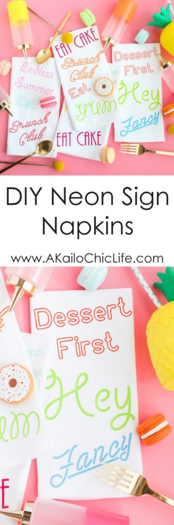 DIY Neon Sign Napkins using HTV (Heat Transfer Vinyl) and the Silhouette Cameo complete with free cut files - perfect for brunch or a dinner party - DIY Home decor colorful cloth napkins