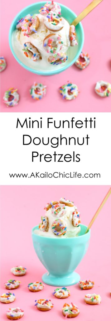 Mini Funfetti Doughnut Pretzels - White Chocolate dipped pretzels with sprinkles - look like mini doughnuts - perfect ice cream topper or donut sprinkles - recipe food dessert