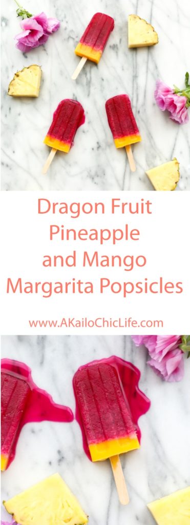 Tropical Margarita Popsciles - Dragon Fruit (Pitaya), Pineapple, and Mango Margarita Popsicles recipe for your next summer party or get together - the perfect frozen cocktail
