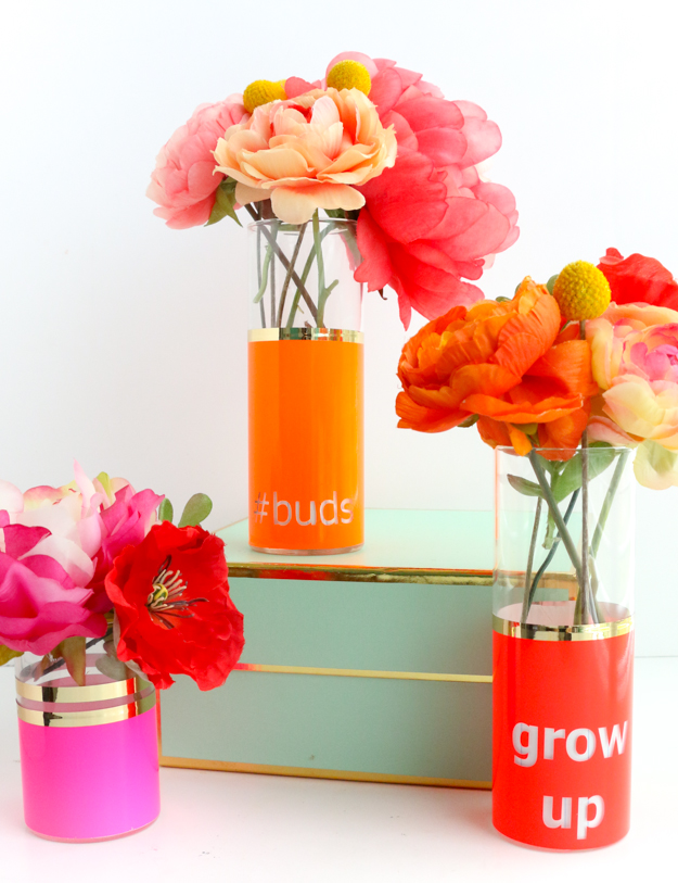 DIY your own neon and gold bud vases - flower vases using adhesive vinyl and the Silhouette Cameo - Easy home decor - diy decor - typography bud vase - gold vinyl - neon home decor