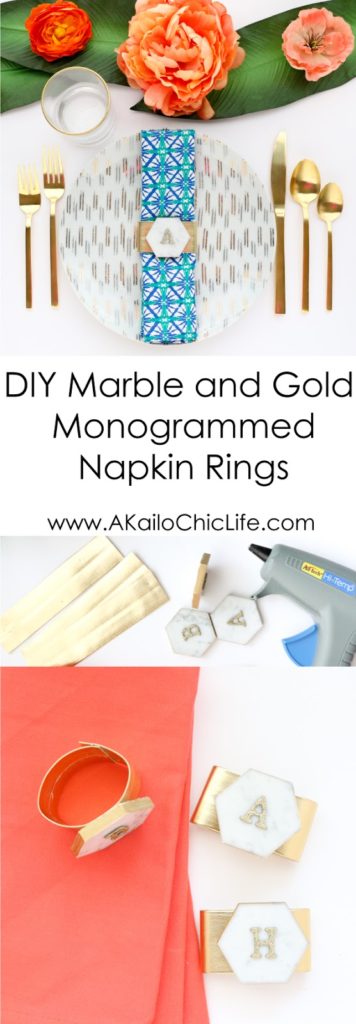DIY your own marble and gold napkin rings using hardware store hexagon tile. Easy dinner party decoration idea - monogramed place cards - monogram napkin rings - diy home decor