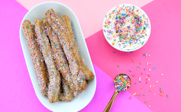 Recipe for Funfetti Cake batter churros with cream cheese frosting - perfect for cinco de mayo or your next fiesta - alternative to birthday cake - funfetti churros