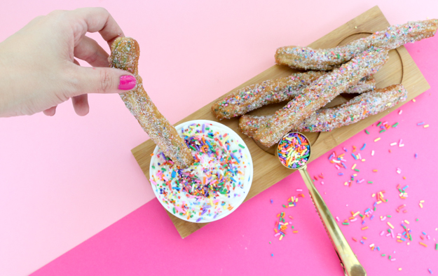 Recipe for Funfetti Cake batter churros with cream cheese frosting - perfect for cinco de mayo or your next fiesta - alternative to birthday cake - funfetti churros