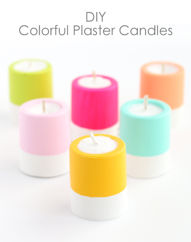 DIY Colorful Plaster Candles - Learn how to make your own candles and plaster candle holders - summer entertaining ideas - DIY candes - candle craft - colorful - colorblocked - gift idea - DIY gift - Summer Party