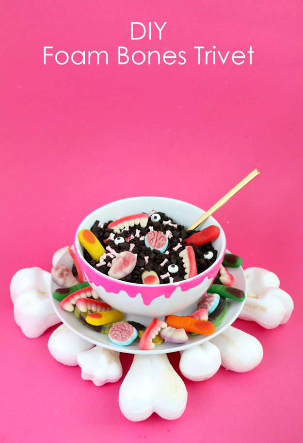 DIY Halloween Dessert - Body Part dirt and worms with a DIY bones trivet and neon pink blood dripped bowl - Halloween party ideas - how to make halloween food - creepy Halloween desserts and crafts - Neon Pink Halloween Decorations