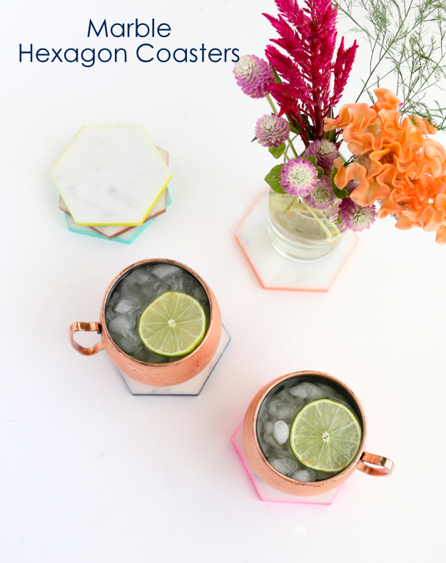 Marble Hexagon Coasters with colorful edges - DIY Project - Fall Home Decor - Colorful Home decor - home accessories - craft project
