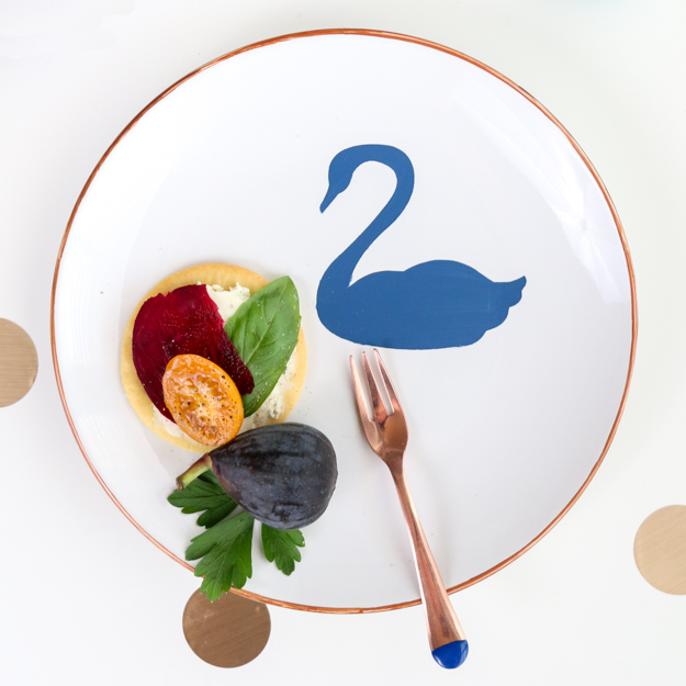 DIY vinyl stenciled swan plates with copper rim - coordinate with the Oh Joy for Target Fall 2016 home collection - Swan appitizer plates - copper and rose gold - fall home - how to paint your own food safe plates - using vinyl as a stencil
