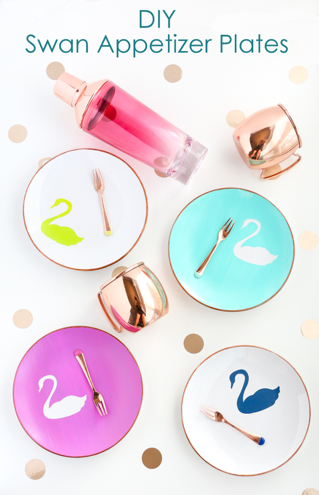 DIY vinyl stenciled swan plates with copper rim - coordinate with the Oh Joy for Target Fall 2016 home collection - Swan appitizer plates - copper and rose gold - fall home - how to paint your own food safe plates - using vinyl as a stencil