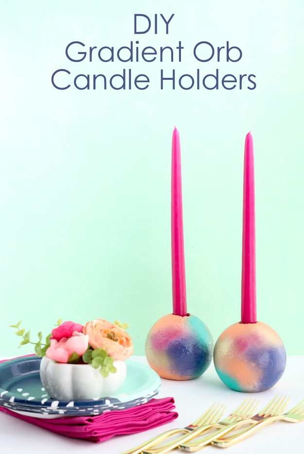 DIY Gradeint Colorful Orb Candle Holders - Learn how to make your own taper candle holders. Galaxy painted home decor crafts