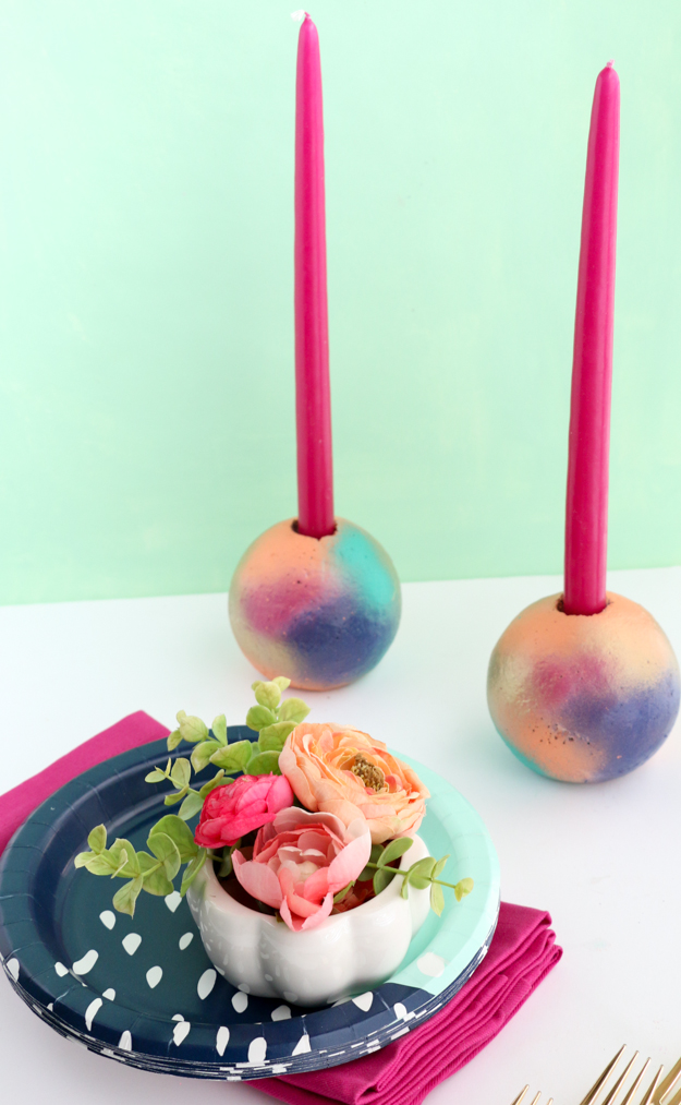 DIY Gradeint Colorful Orb Candle Holders - Learn how to make your own taper candle holders. Galaxy painted home decor crafts