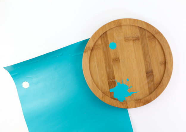 DIY Faux Splatter painted lazy susan craft - Learn how to use adhesive vinyl to create a splatter paint look with free cut file - target style colorful home decor ideas