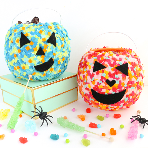 Easy DIY Colorful Confetti Pumpkin Baskets - Kids craft - Easy craft - halloween - trick or treating craft - halloween craft ideas
