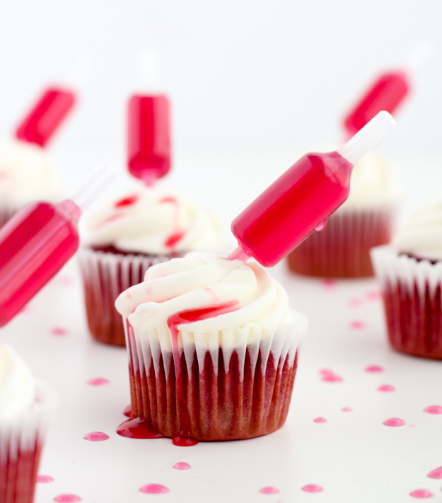 bloody spiked cupcakes for Halloween party - Party ideas - cocktails and cupcakes - spiked cupcakes - edible fake blood - Halloween treats - adult party - Halloween treat recipe
