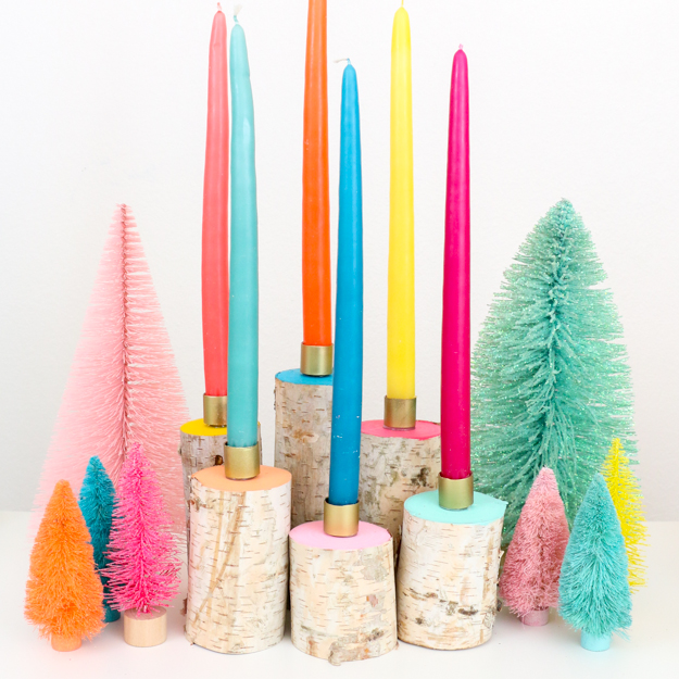 DIY Colorful Birch Wood Candle Holders - Holiday table setting ideas - DIY Craft ideas -holiday decorations - winter decorations - color and wood crafts