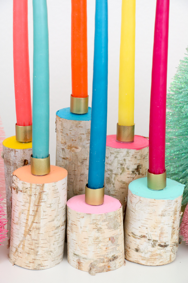 DIY Colorful Birch Wood Candle Holders - Holiday table setting ideas - DIY Craft ideas -holiday decorations - winter decorations - color and wood crafts