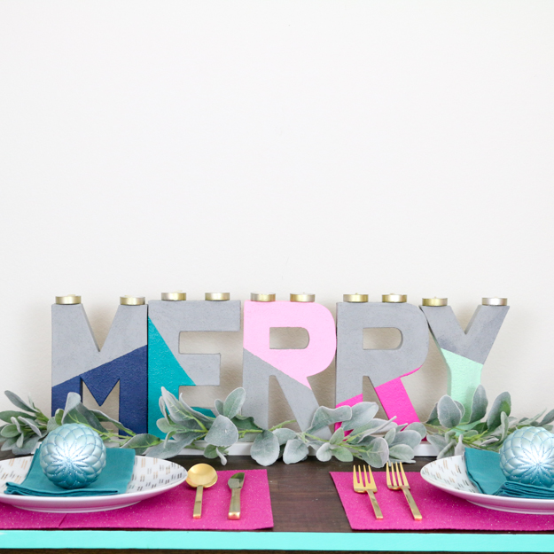 DIY Faux Concrete Painted Typography Candle Holder - Colorblocked Merry - Holiday - Table Centerpiece - DIY project - craft project - faux concrete paint - letters - color - Target Christmas