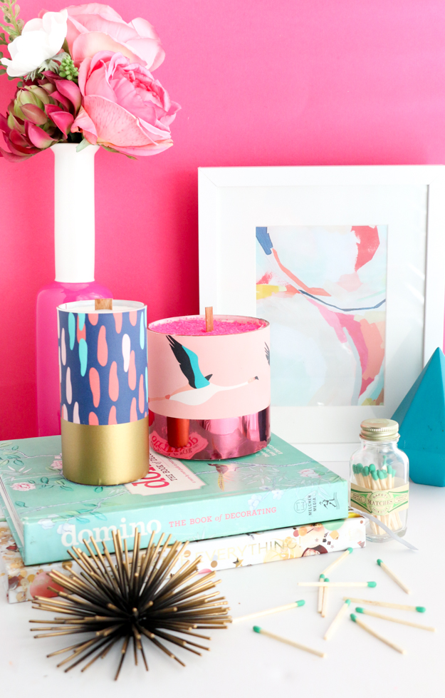 DIY Pattern Wrapped Candles - DIY home decor - craft - wallpaper samples - target style - paper source - flamingo and confetti - candle making 