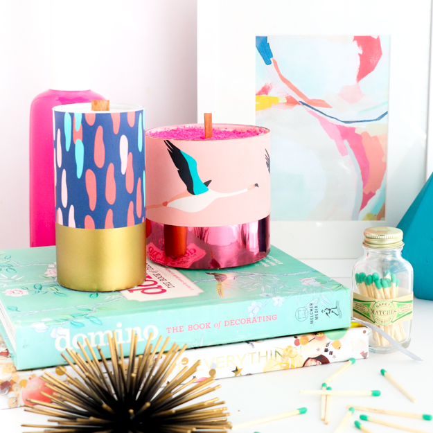 DIY Pattern Wrapped Candles - DIY home decor - craft - wallpaper samples - target style - paper source - flamingo and confetti