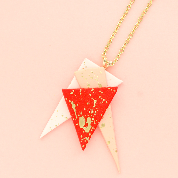 DIY Jewelry - Gold Splatter Painted Asymmetric Necklaces - craft jewelry clay - premo -sculpey - Color - jewelry craft ideas - necklace DIY - splatter paint trend