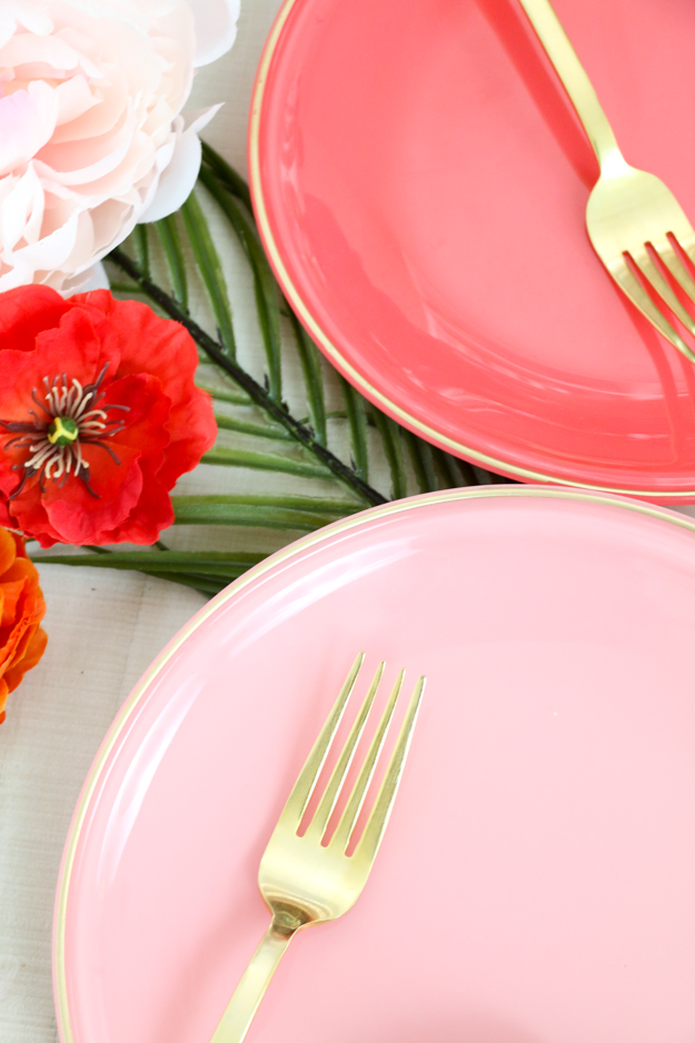DIY Your own colorful plates with gold edges similar to dinner ware you would see in Target or Anthropologie - Oh Joy copy cat dinner ware - craft ideas - home decor diy projects