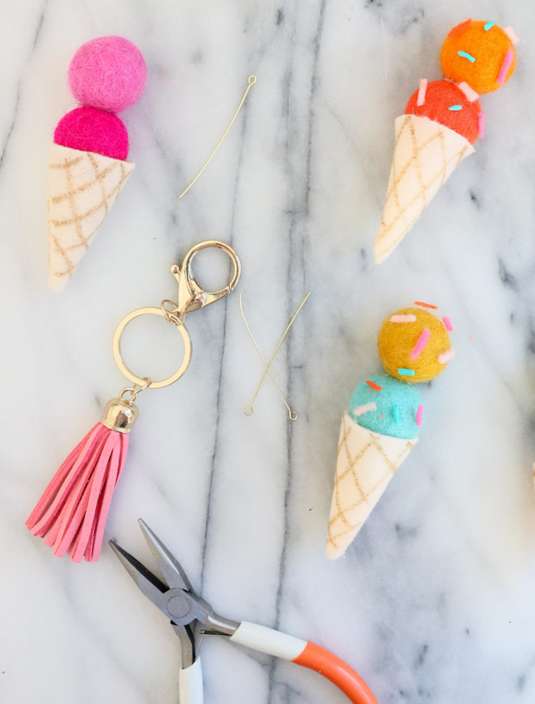 DIY Felt Ball Ice Cream Cone Keychains