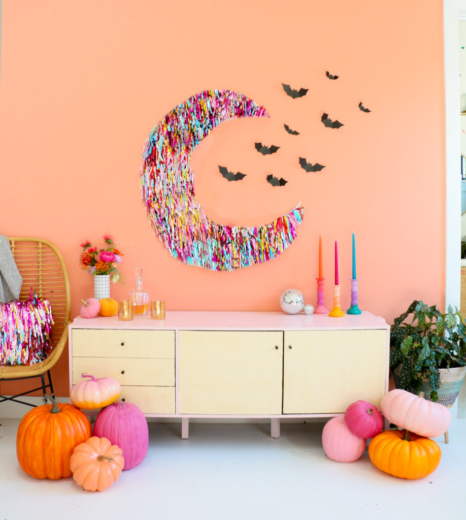 DIY Colorful Fringe Moon Halloween Wall Decor
