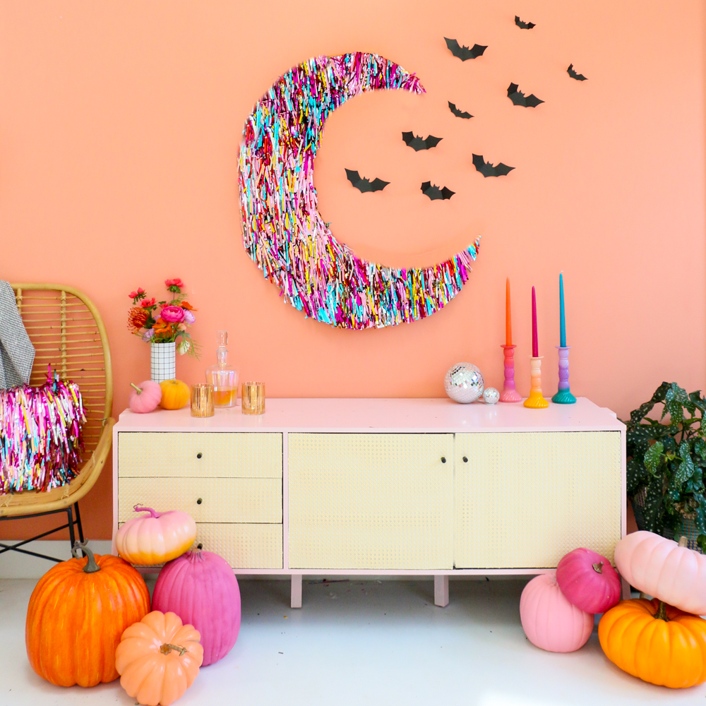 DIY Colorful Fringe Moon Halloween Wall Decor